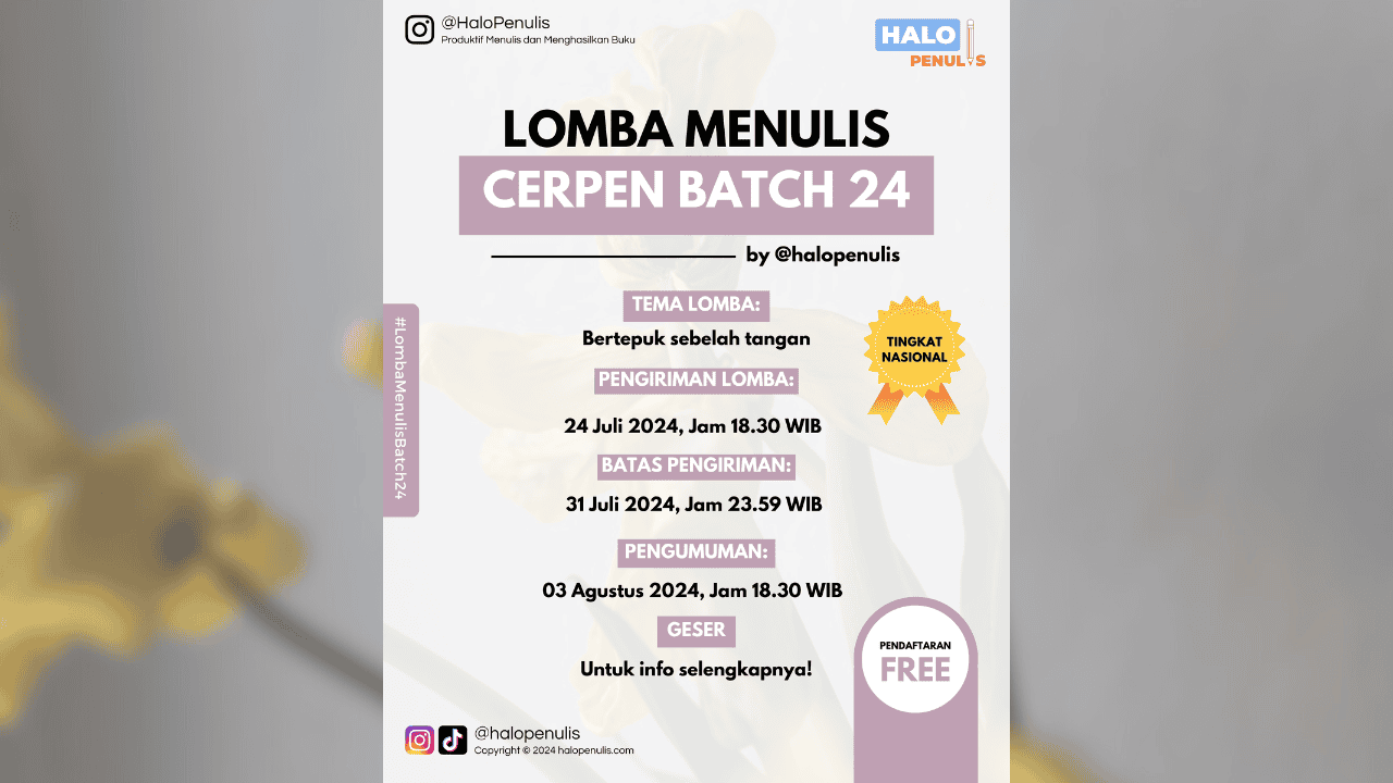 Lomba Menulis Cerpen Batch 24 Tema Bertepuk Sebelah Tangan SELESAI Lomba Menulis Cerpen Batch 24 Tema Bertepuk Sebelah Tangan SELESAI